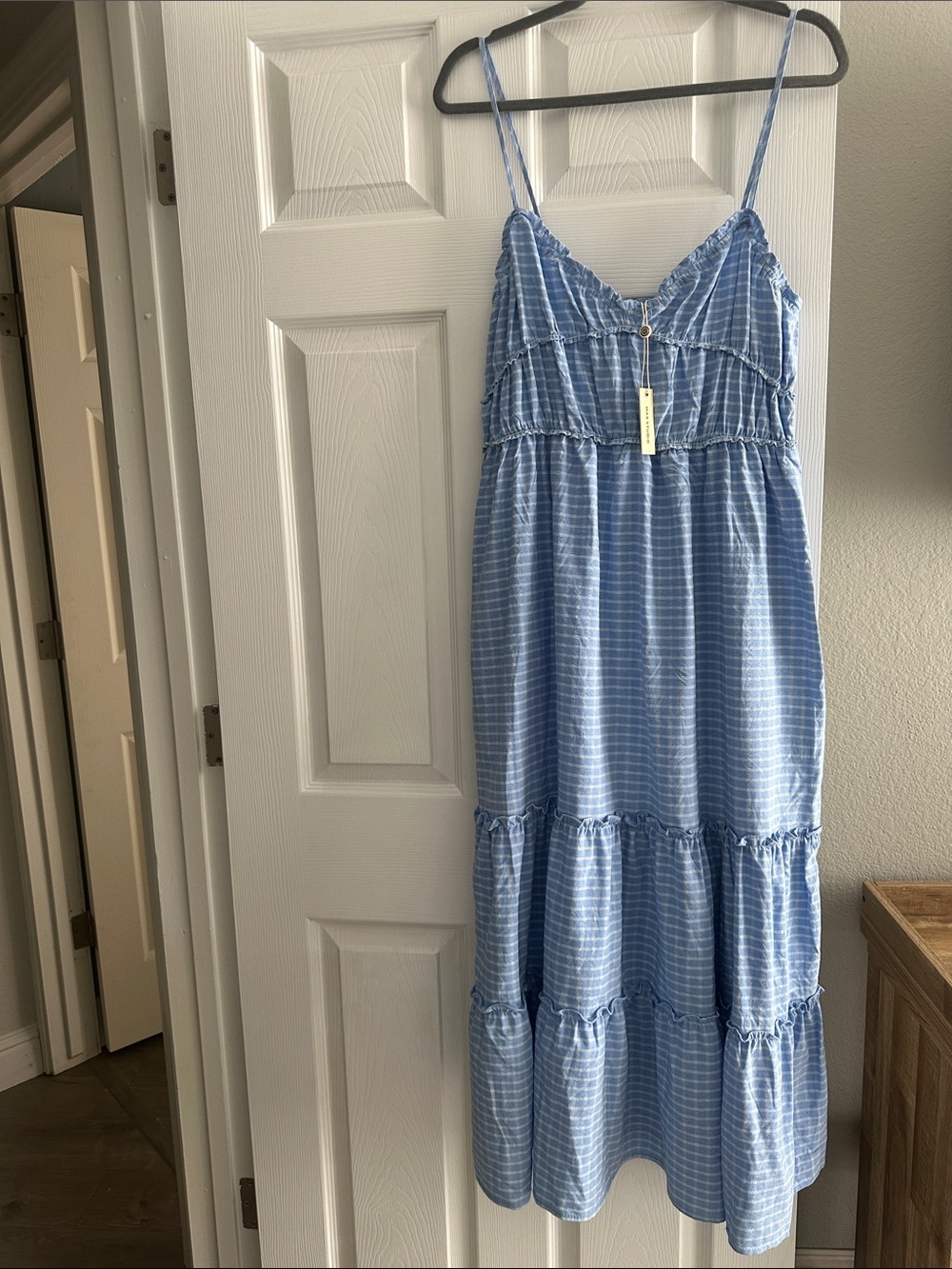 Max Studio Blue and White Striped Tiered Maxi Dress